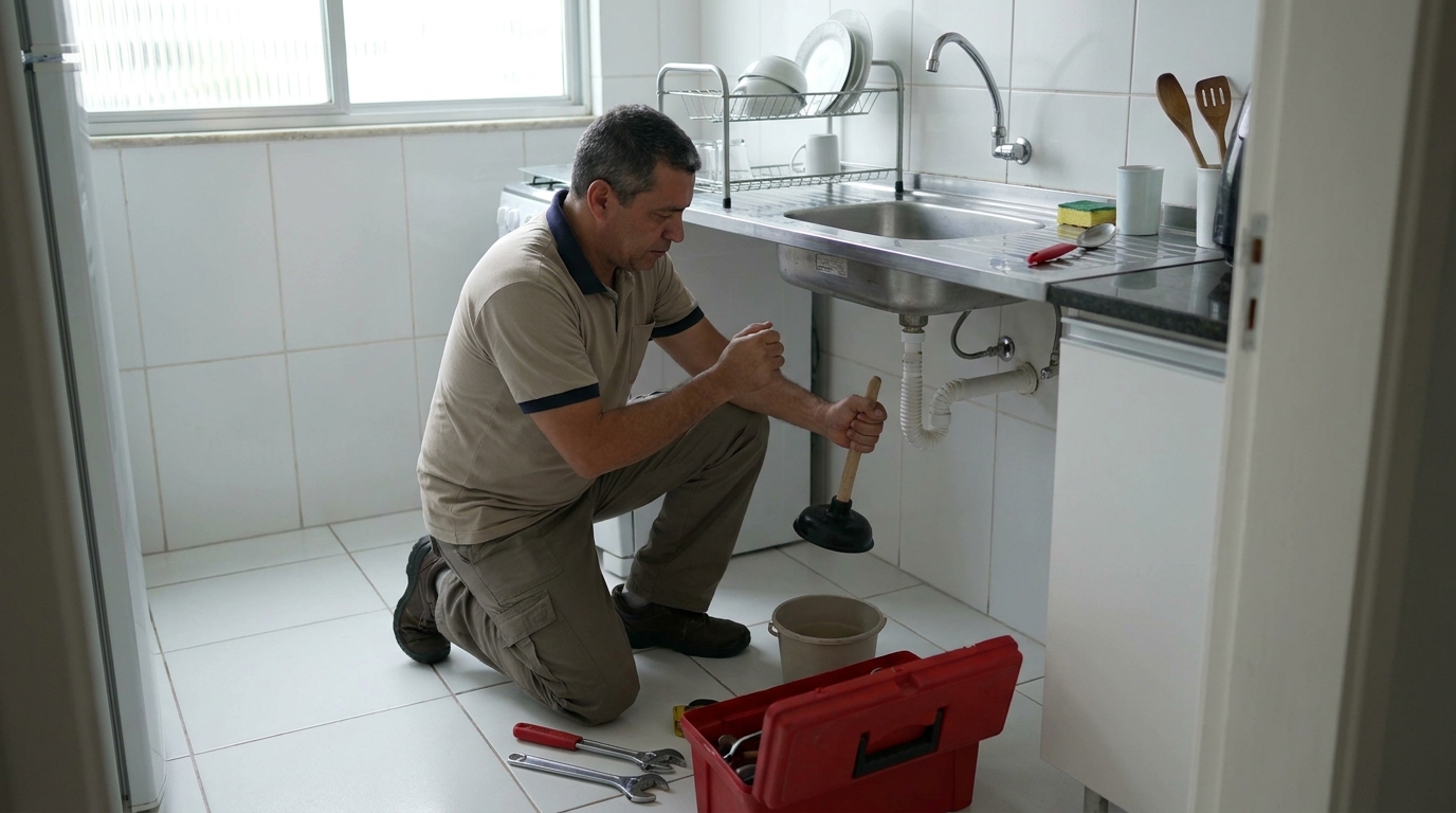 Desentupimento de pia residencial em Praia Grande‑SP