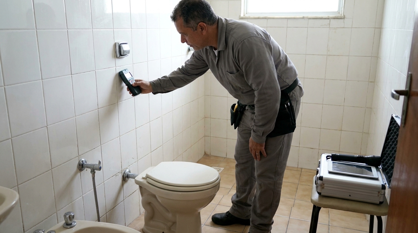 Técnico de caça vazamento analisando tubulação em Praia Grande‑SP
