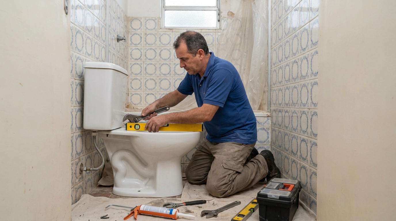 Técnico instalando vaso sanitário em Praia Grande‑SP